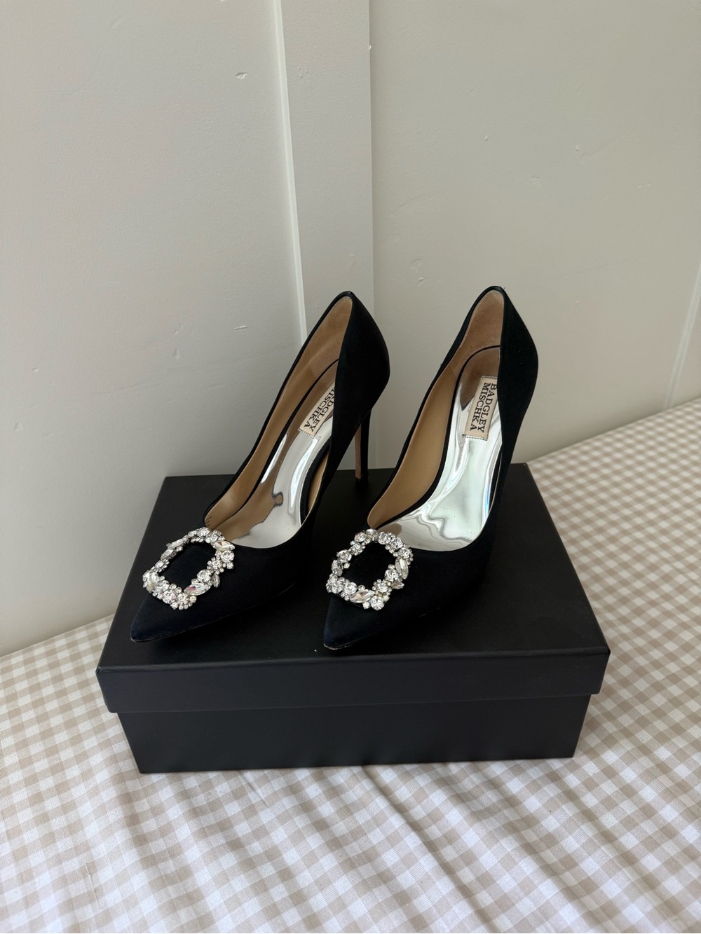 Badgley Mischka Black Satin Crystal-Buckle Pointed Pumps